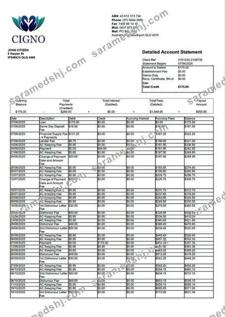 Australia Cigno account statement Word and PDF template